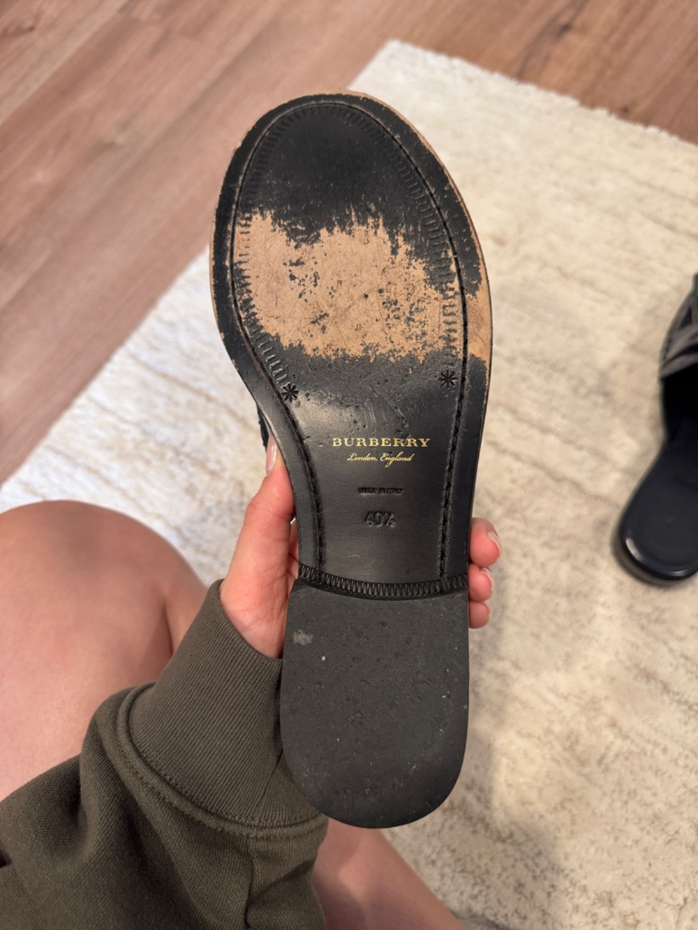 Burberry Navy Leather Slip-On Loafers with Green Fringe - Picture 5 of 6